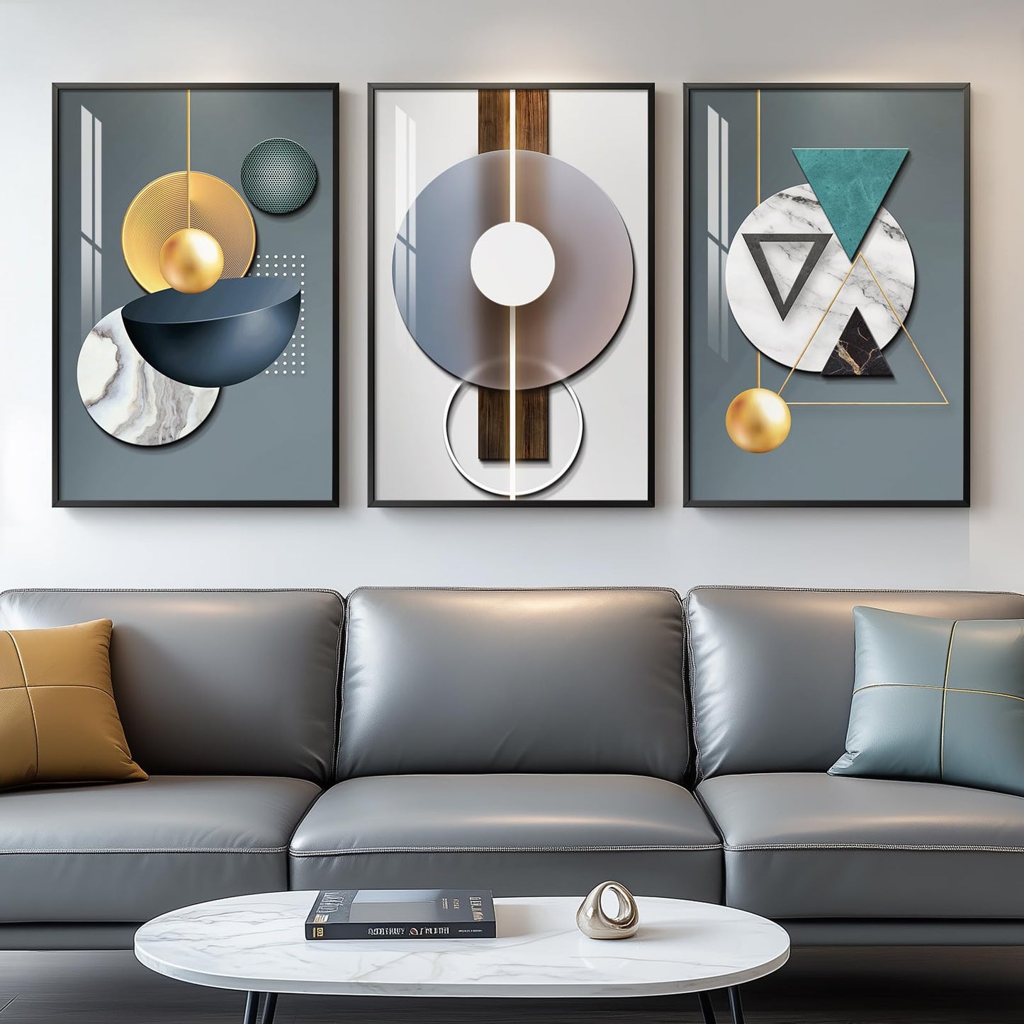 3-Piece 24×36" Gold Geometric Framed Wall Art Luxury Modern Decor for Living Room Office