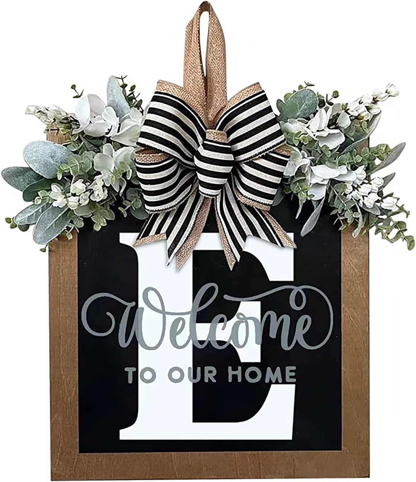 Last Name All Year Round Front Door Wreath with 26 Initial Letter Welcome Sign All Seasons Eucalyptus Garland and Bow ，Farmhouse, Porch, for Spring Summer Fall All Seasons Holiday Halloween Christmas. (M)