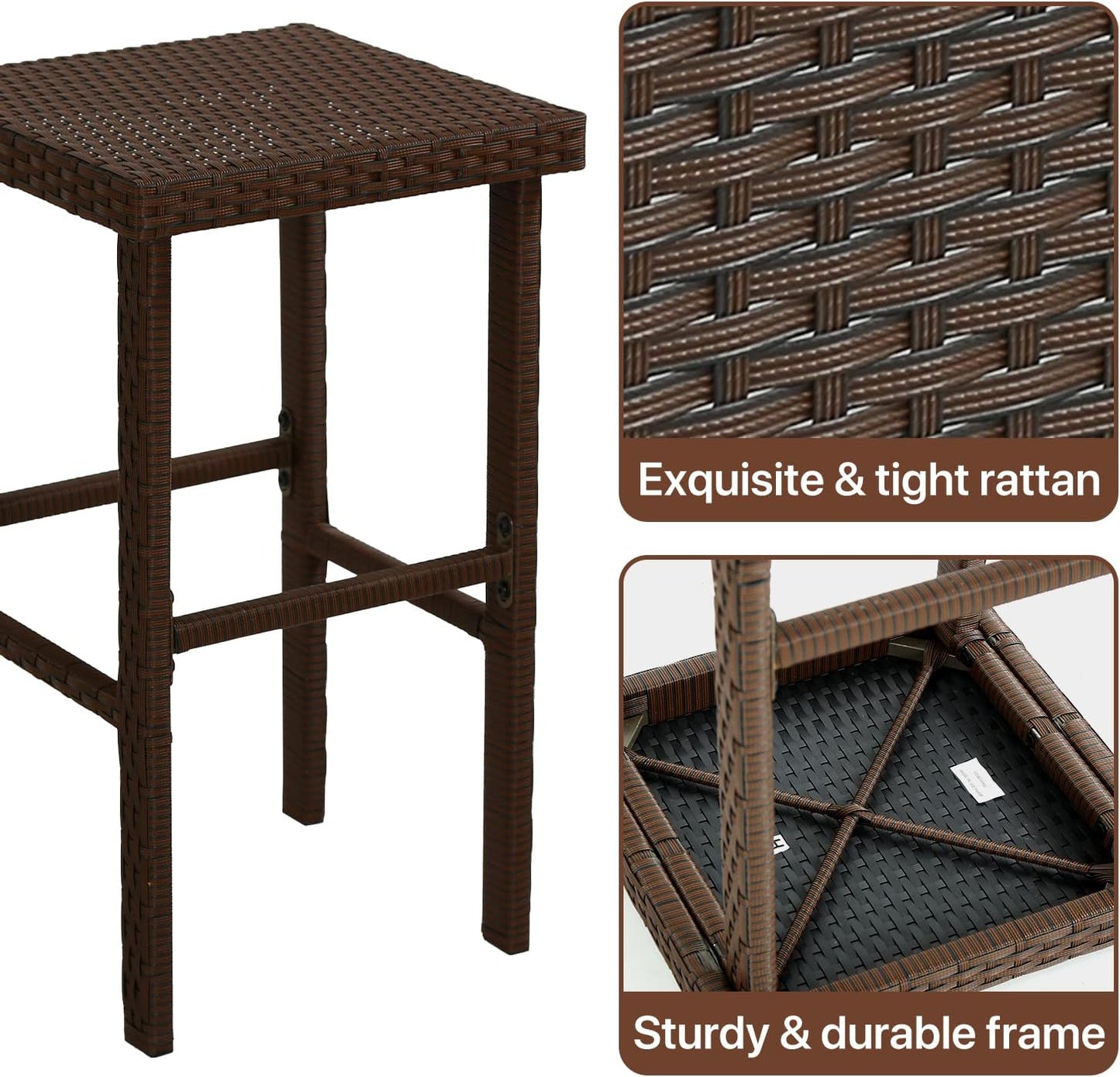 3-Piece Patio Bar Set Outdoor Wicker Bar Set All-Weather Rattan Bar Table Set Outdoor Furniture Set w/2 Stools, Glass Top Table and 2 Thick Cushion for Patios Backyards Porches Gardens Poolside, Khaki