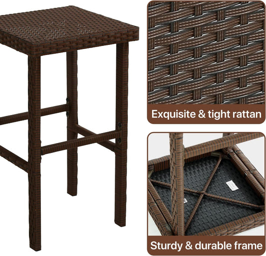 3-Piece Patio Bar Set Outdoor Wicker Bar Set All-Weather Rattan Bar Table Set Outdoor Furniture Set w/2 Stools, Glass Top Table and 2 Thick Cushion for Patios Backyards Porches Gardens Poolside, Khaki