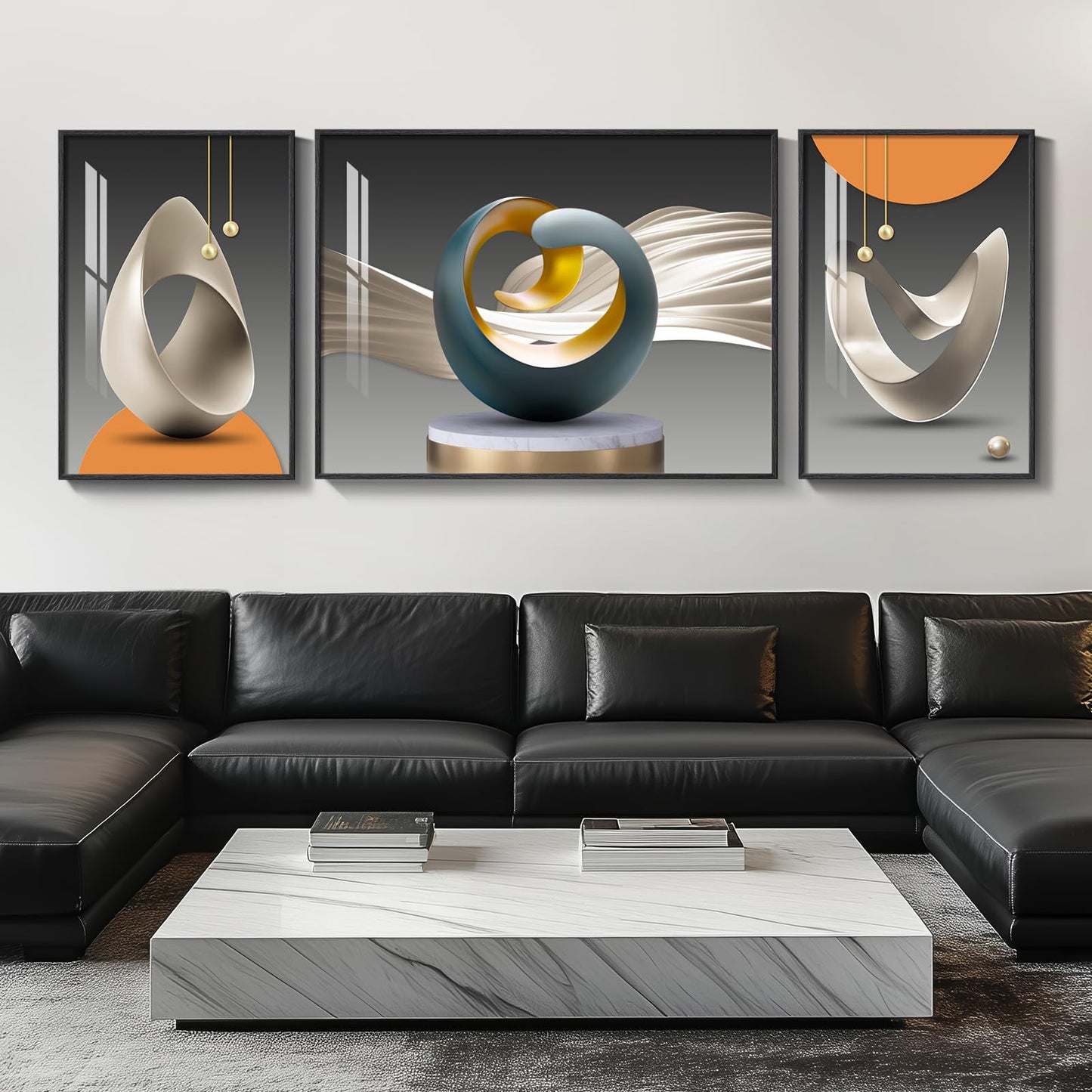 3-Piece 24×36" Gold Geometric Framed Wall Art Luxury Modern Decor for Living Room Office