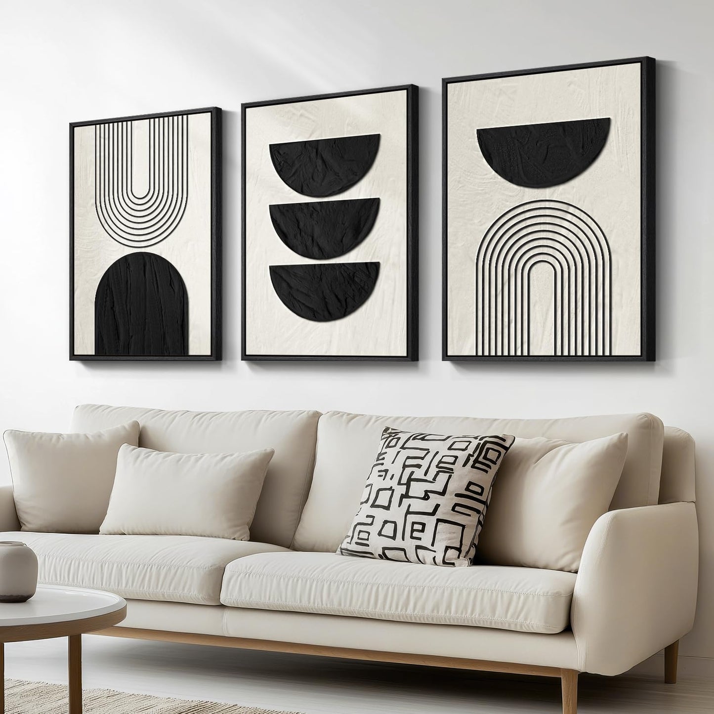 Large Framed Boho Modern Neutral Abstract Wall Art for Living Room, 3 Piece Black and White Canvas Prints Paintings Artwork for Walls, Geometric Pictures for Office Bedroom Dining Room Decor, 24x36 In