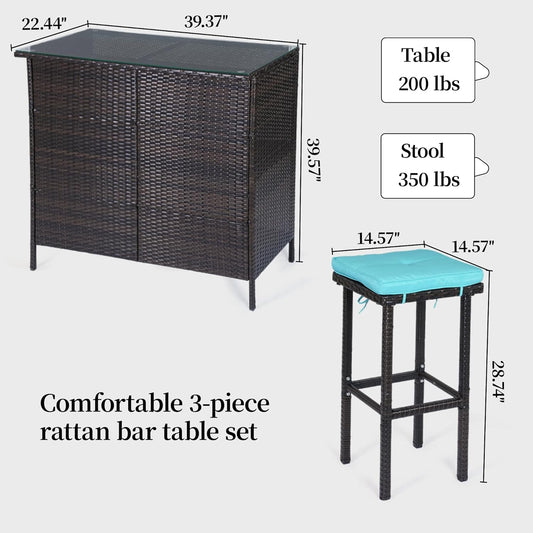 3 Piece Patio Bar Set,Patio Wicker Bar Furniture with 2 Storage Shelves, Glass Top Table, Cushions and Two Stools,Outside Bars for Patio Entertainment, Blue