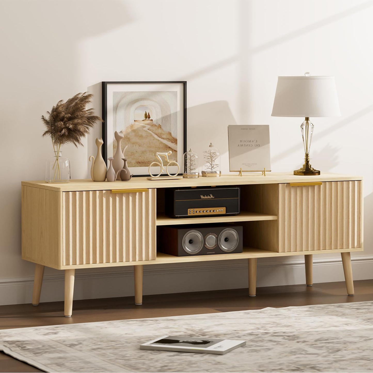 LCRBOL TV Stand for Living Room, Mid Century Modern Entertainment Center for 55/60 inch TVs, TV Console with Fluted Door Cabinets and Open Shelves, for Bedroom, Walnut