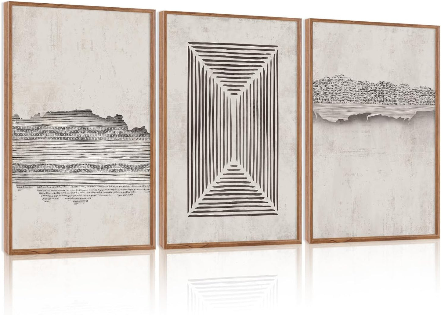 CHDITB Abstract Minimalist Framed Canvas Wall Art Set Of 3, Modern Mid Century Wall Decor, Geometric Line Textured Inspired Artwork, Neutral Art Print For Living Room Office Bedroom Decor (12X16 Inch)