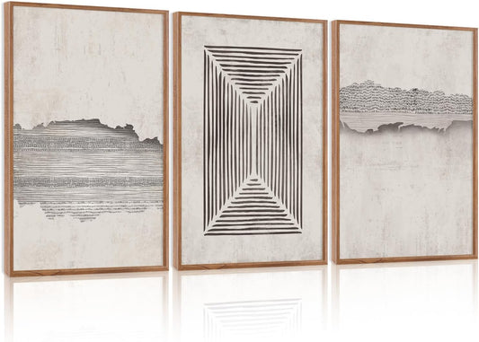 CHDITB Abstract Minimalist Framed Canvas Wall Art Set Of 3, Modern Mid Century Wall Decor, Geometric Line Textured Inspired Artwork, Neutral Art Print For Living Room Office Bedroom Decor (12X16 Inch)