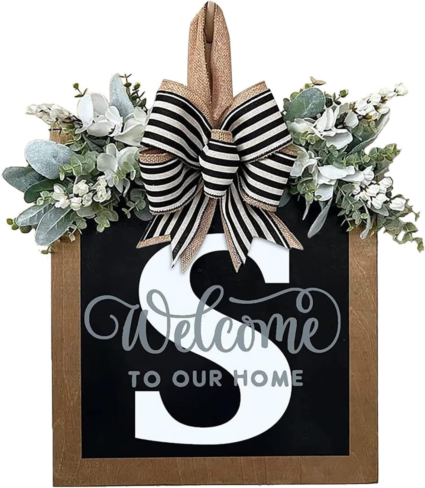 Last Name All Year Round Front Door Wreath with 26 Initial Letter Welcome Sign All Seasons Eucalyptus Garland and Bow ，Farmhouse, Porch, for Spring Summer Fall All Seasons Holiday Halloween Christmas. (M)