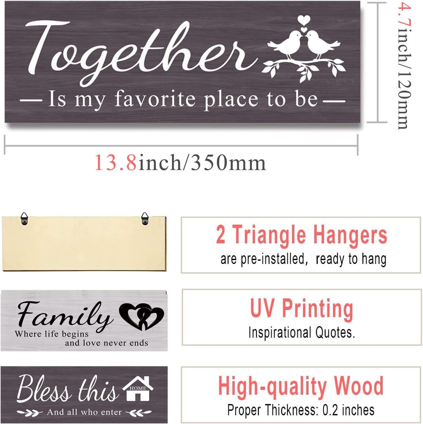 4 pcs home wall decor house decor "THIS IS US/TOGETHER/BLESS THIS HOME/FAMILY", wall decor living room family sign Rustic Wooden Farmhouse Art 13.8x4.72inch