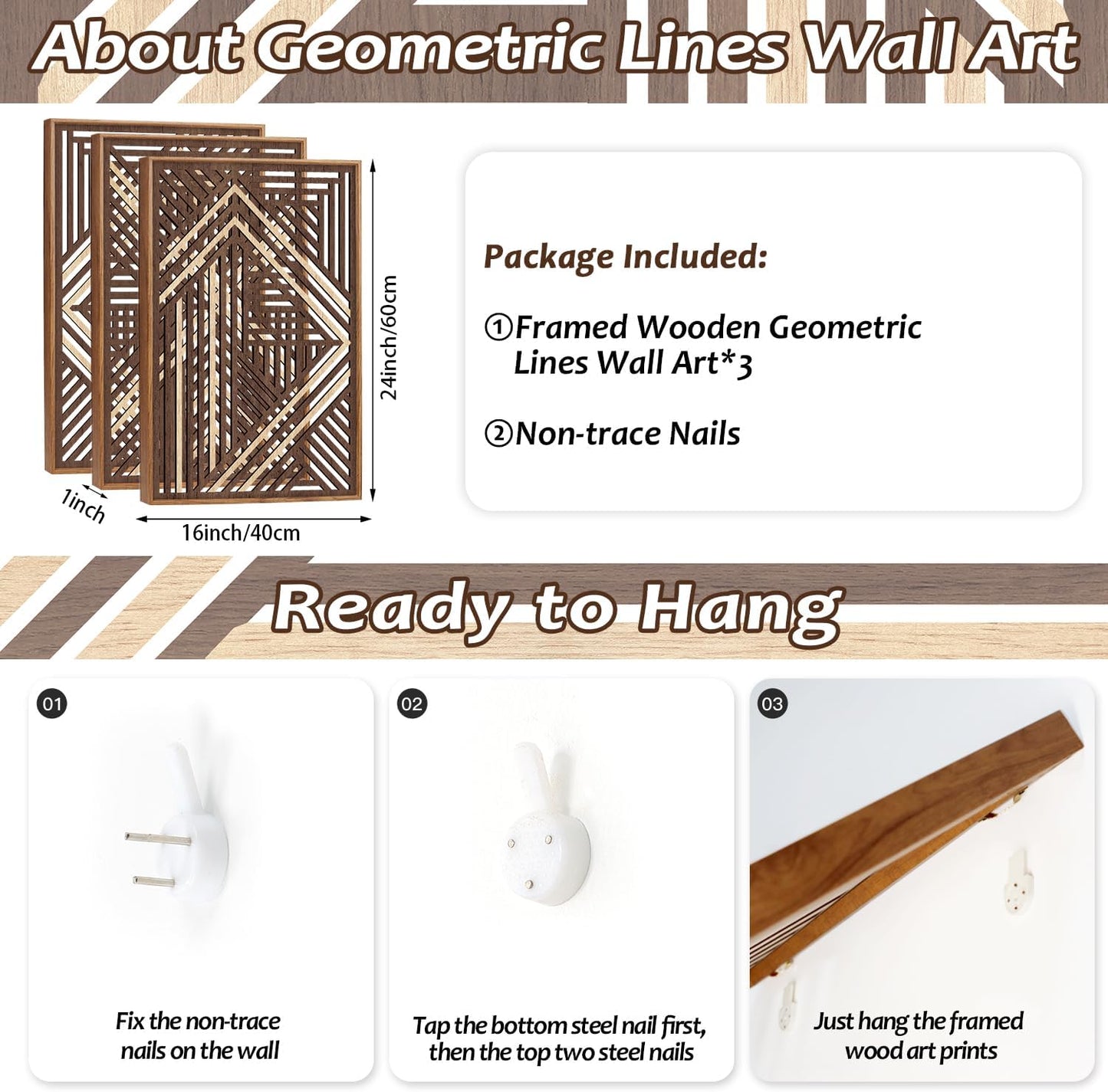 CHDITB Boho Geometric Wood Wall Art(Set of 3, 16"x24"), Large Modern Wooden Panel Hollow Line Art Decor, Rustic Abstract Minimalist Wall Hanging Artwork for Bedroom Living Room Office