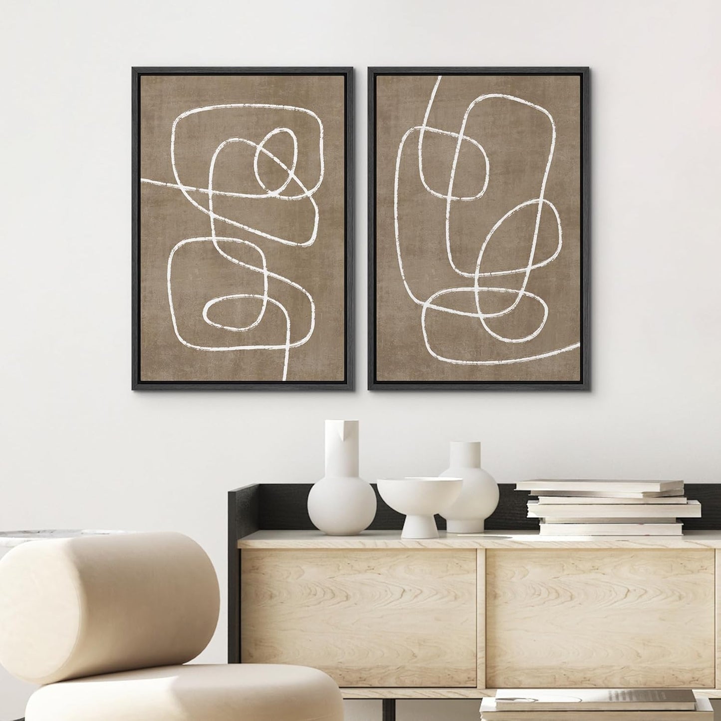 SIGNWIN Framed Canvas Print Wall Art Set Geometric Mid-Century Spiral Collage Abstract Shapes Cozy Neutral Minimal Decorative Nordic Zen Bohemian for Living Room, Bedroom, Office - 16"x24"x2 Black