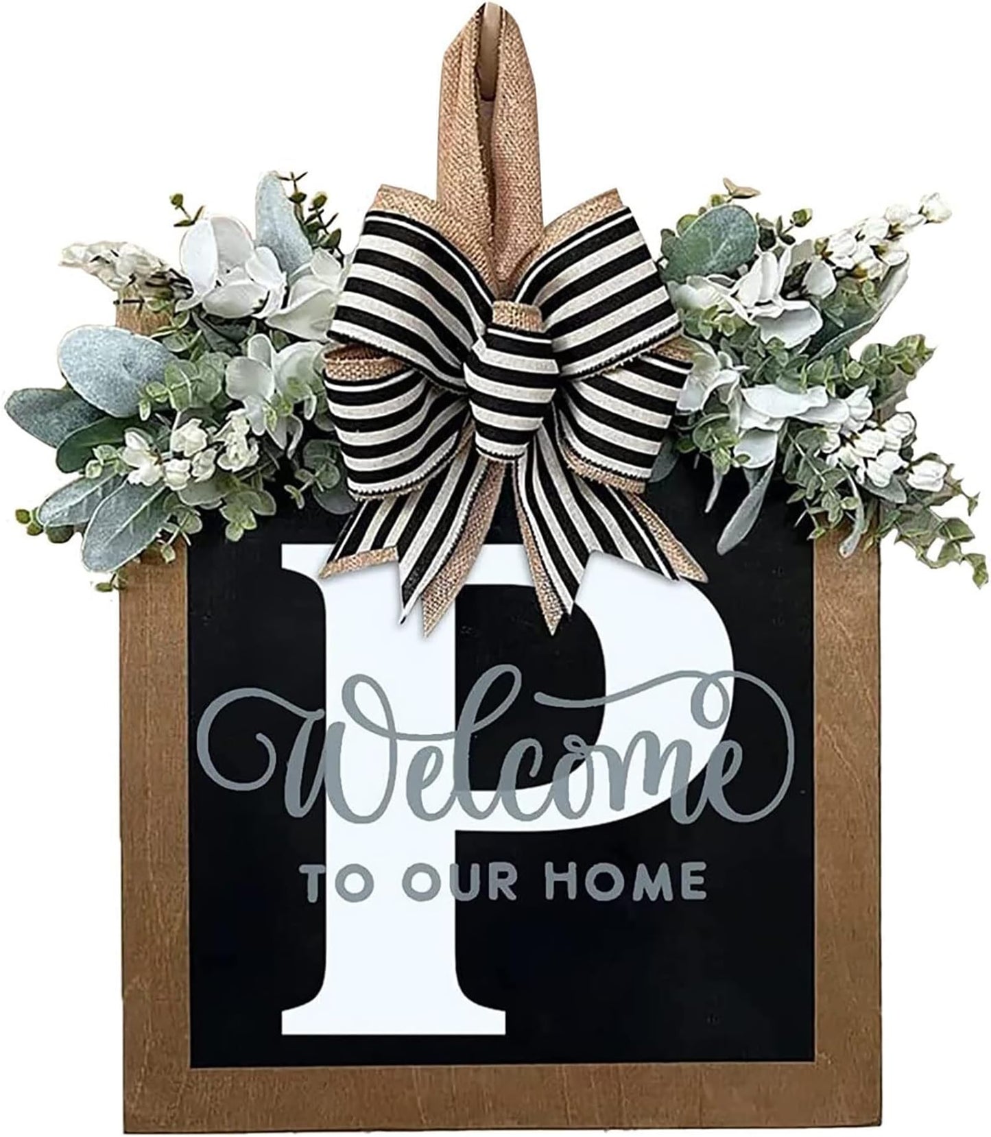 Last Name All Year Round Front Door Wreath with 26 Initial Letter Welcome Sign All Seasons Eucalyptus Garland and Bow ，Farmhouse, Porch, for Spring Summer Fall All Seasons Holiday Halloween Christmas. (M)