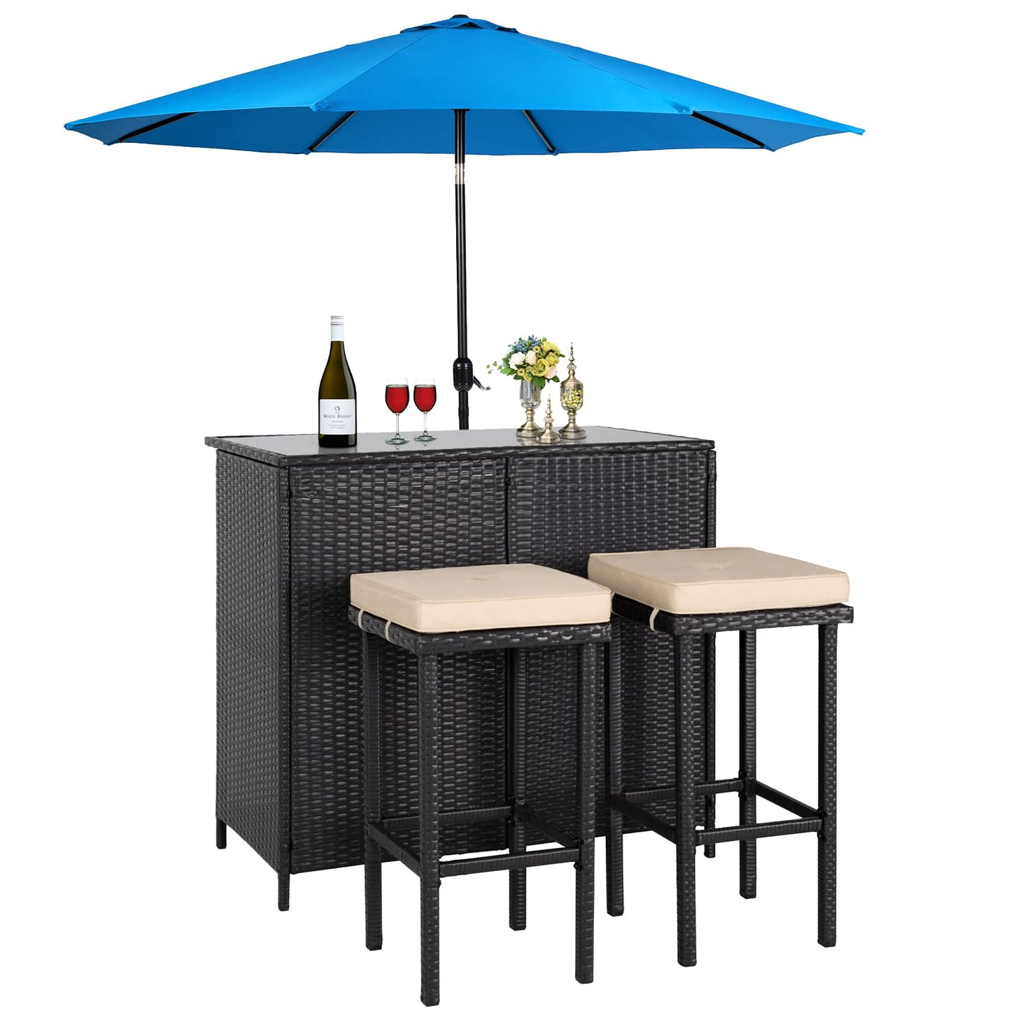 Crownland 3-Piece Wicker Patio Outdoor Bar Set, 2 Stools and 1 Glass Top Table, Bistro Set, Brown Furniture for Deck, Lawn, Backyard