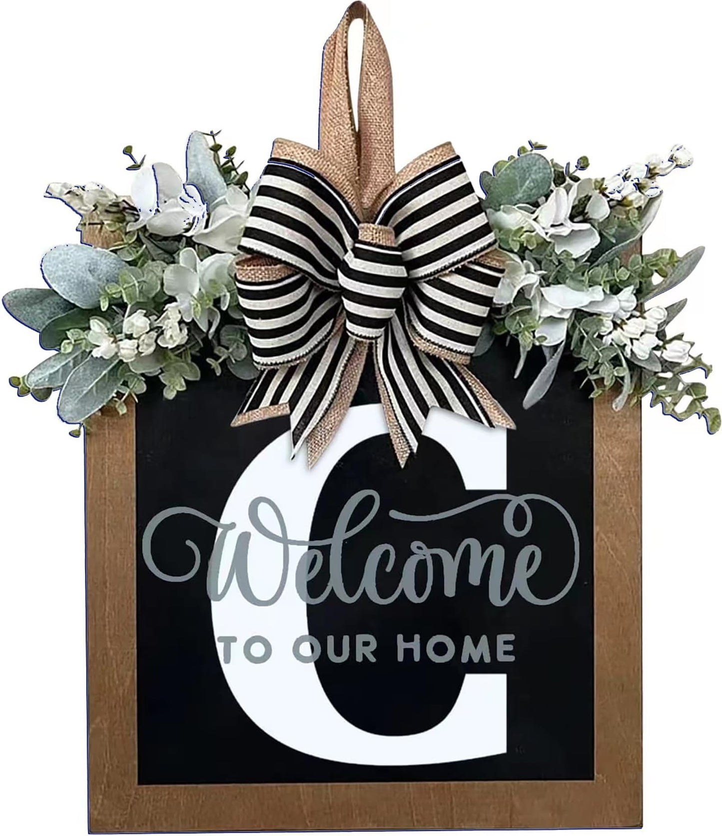 Last Name All Year Round Front Door Wreath with 26 Initial Letter Welcome Sign All Seasons Eucalyptus Garland and Bow ，Farmhouse, Porch, for Spring Summer Fall All Seasons Holiday Halloween Christmas. (M)