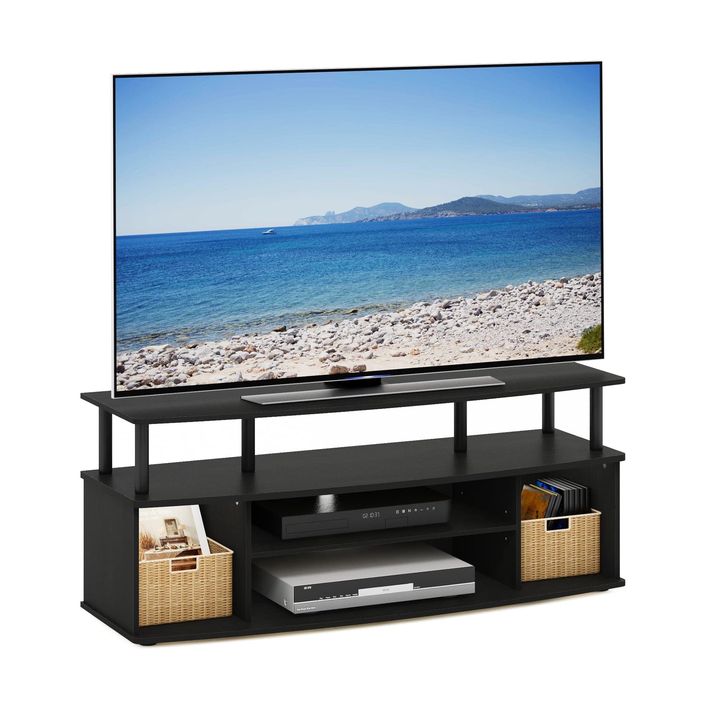 Furinno Jaya Large Entertainment Center Stand Unit/TV for up to 55 inch, Amber Pine/Black