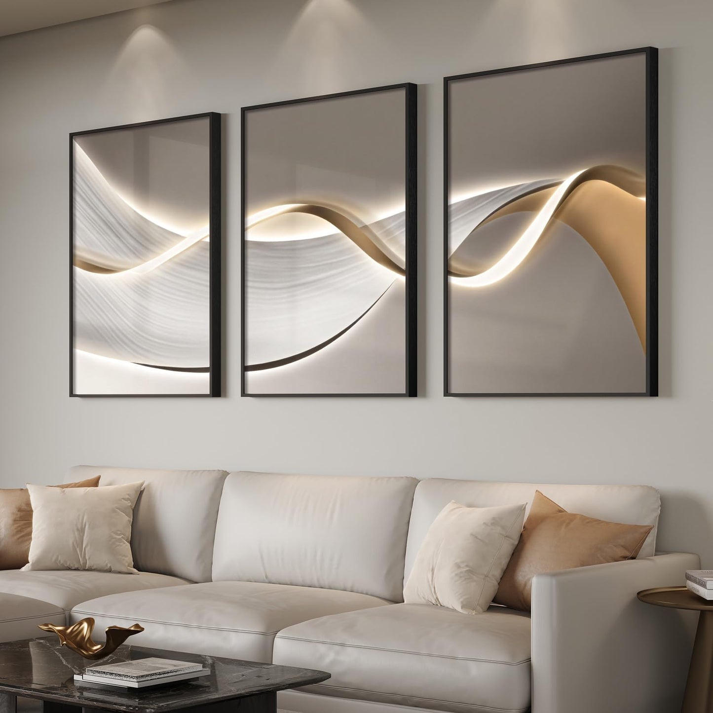 3-Piece 24×36" Gold Geometric Framed Wall Art Luxury Modern Decor for Living Room Office