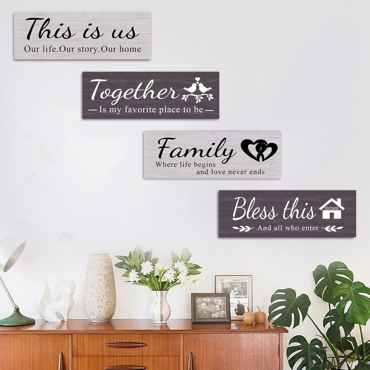 4 pcs home wall decor house decor "THIS IS US/TOGETHER/BLESS THIS HOME/FAMILY", wall decor living room family sign Rustic Wooden Farmhouse Art 13.8x4.72inch