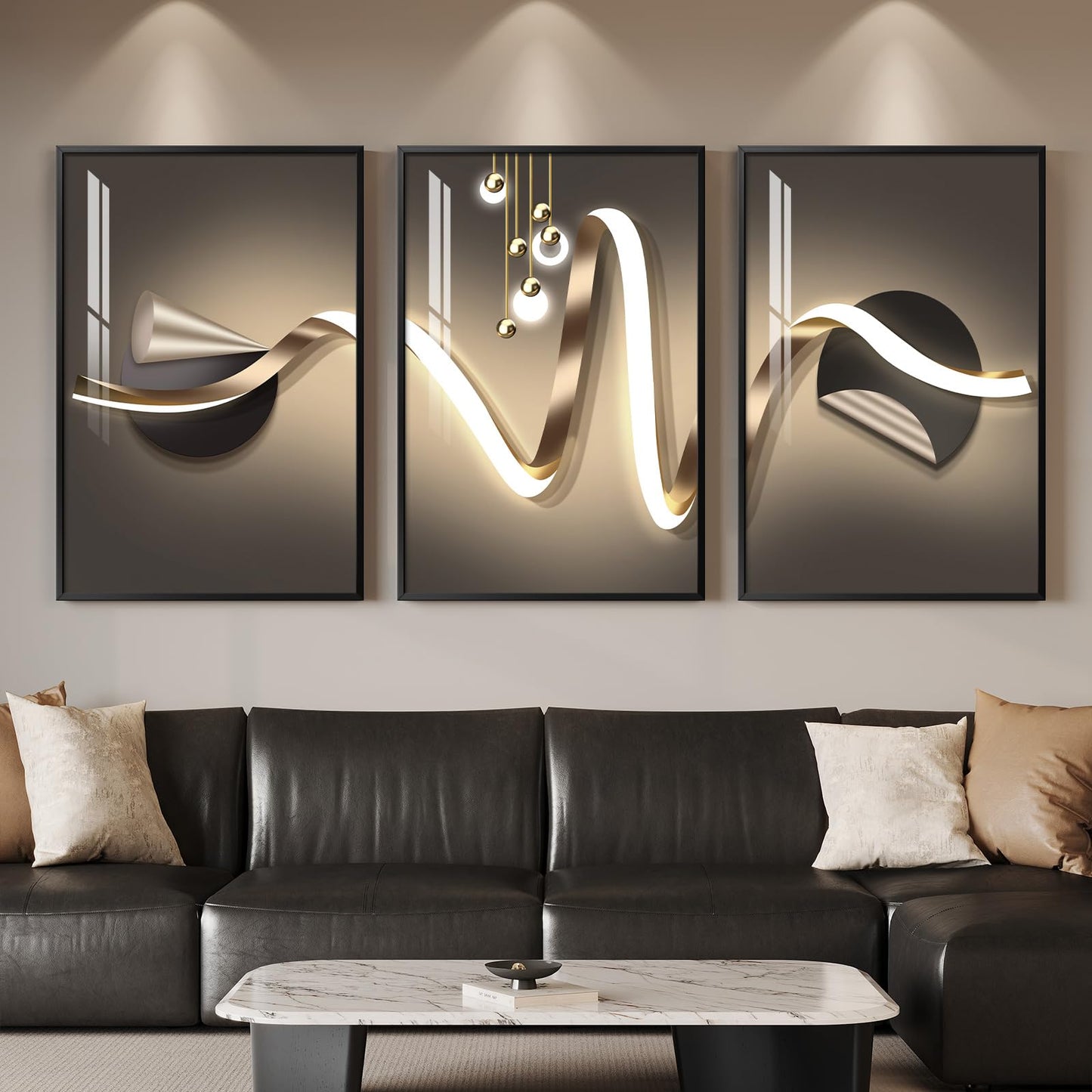 3-Piece 24×36" Gold Geometric Framed Wall Art Luxury Modern Decor for Living Room Office