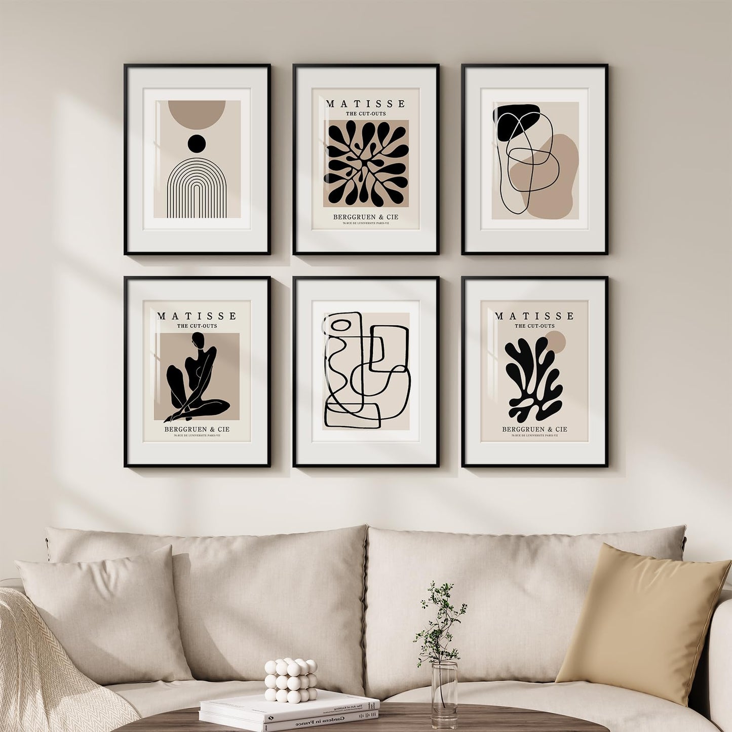 Framed Boho Black and White Abstract Wall Art, Set of 6 Modern Canvas Prints Paintings Artwork for Walls, Minimalist Geometric Pictures for Living Room Bedroom Office Bathroom Wall Decor 11x14 Inch