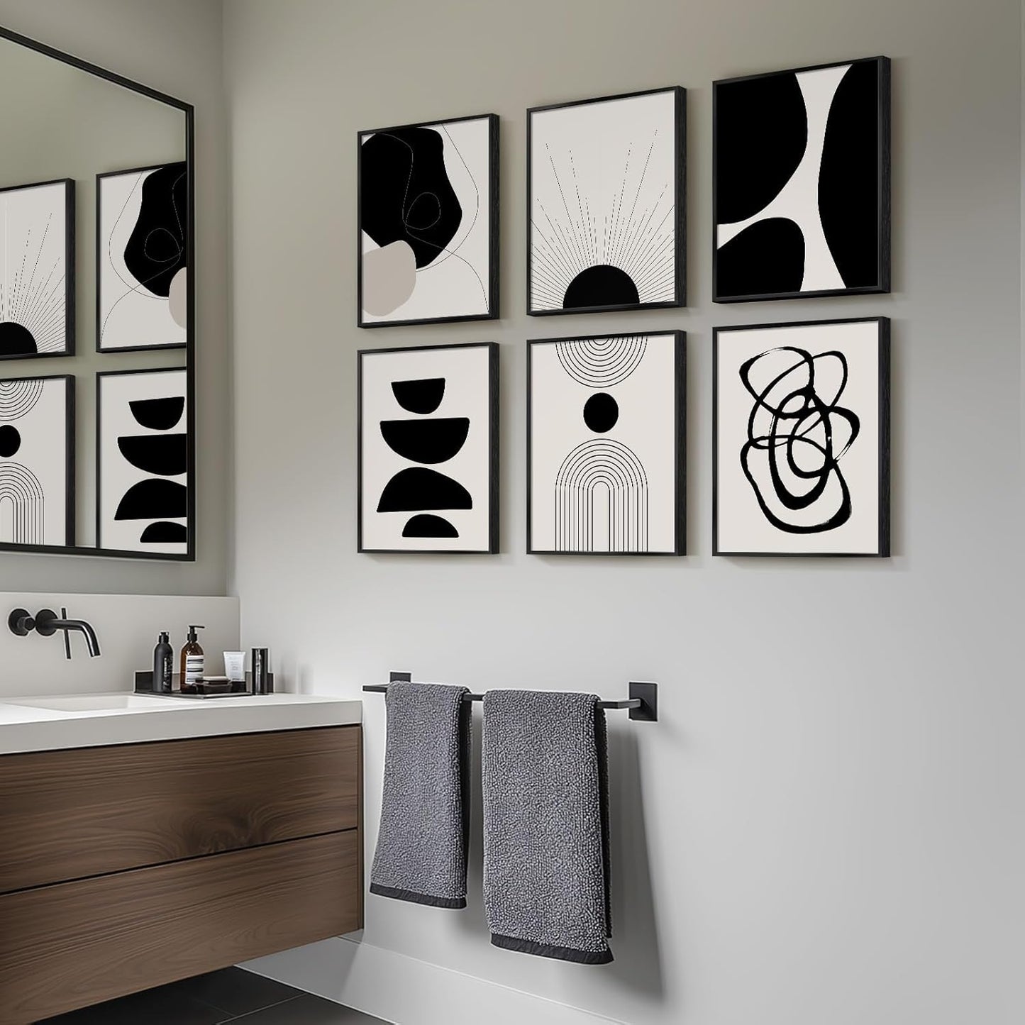 Framed Boho Black and White Abstract Wall Art, Set of 6 Modern Canvas Prints Paintings Artwork for Walls, Minimalist Geometric Pictures for Living Room Bedroom Office Bathroom Wall Decor 11x14 Inch