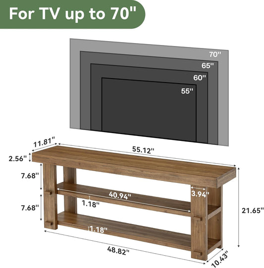 Solid Wood TV Stand for TVs Up to 70 inches, Farmhouse Entertainment Center with 2-Tier Shelves, 55'' Media Console Television Stands for Living Room, Bedroom, Rustic Brown