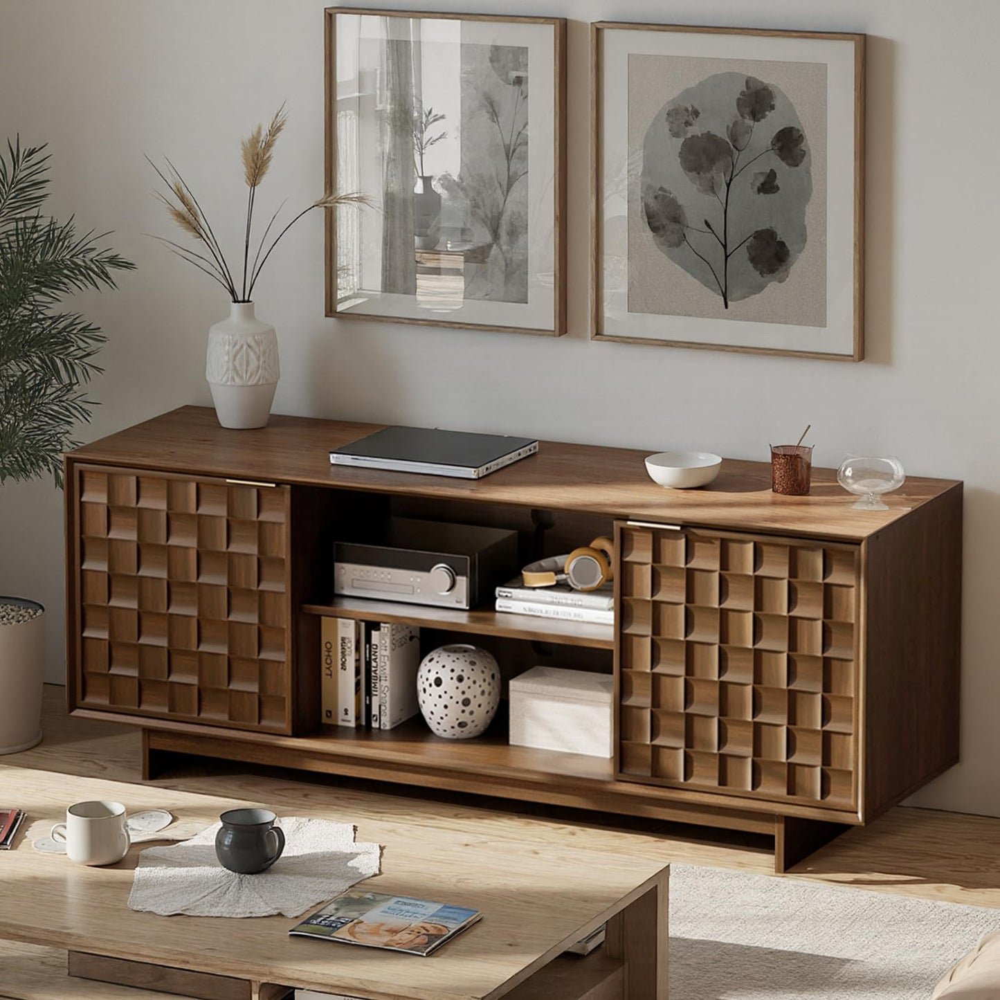 COLAMY TV Stand with Two Doors, Entertainment Center 59" with Adjustable Shelves and Storage, Mid-Century Modern TV Stand for 50/55/65 inch TV, Media Console Cabinet for Living Room, Bedroom Walnut