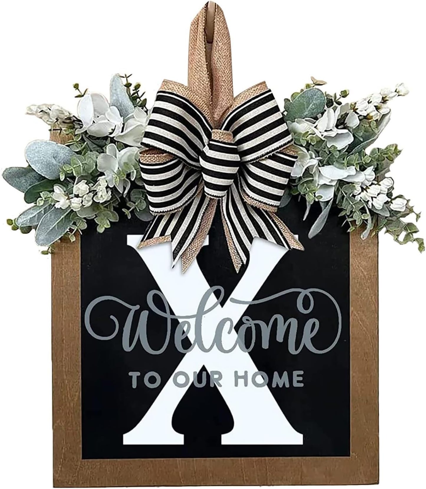 Last Name All Year Round Front Door Wreath with 26 Initial Letter Welcome Sign All Seasons Eucalyptus Garland and Bow ，Farmhouse, Porch, for Spring Summer Fall All Seasons Holiday Halloween Christmas. (M)