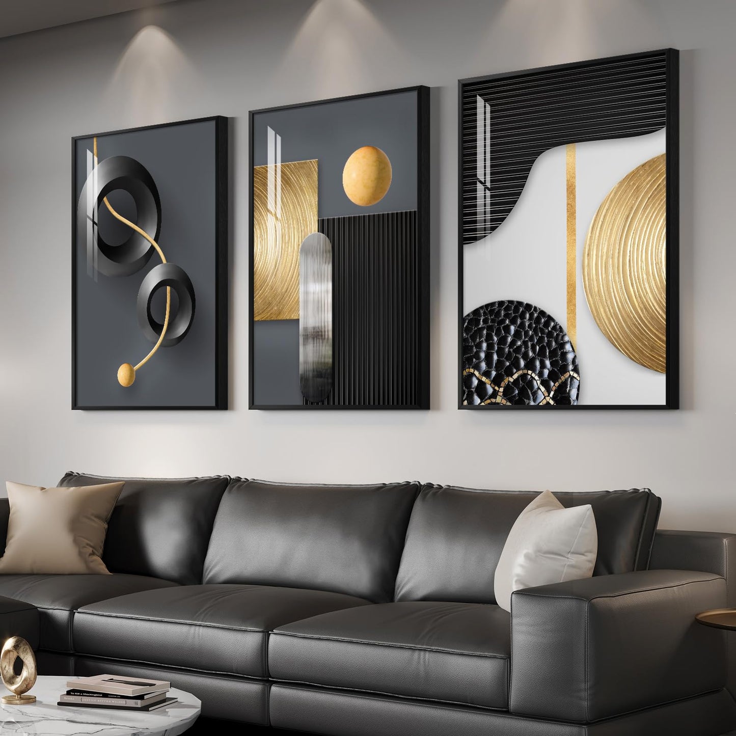 3-Piece 24×36" Gold Geometric Framed Wall Art Luxury Modern Decor for Living Room Office