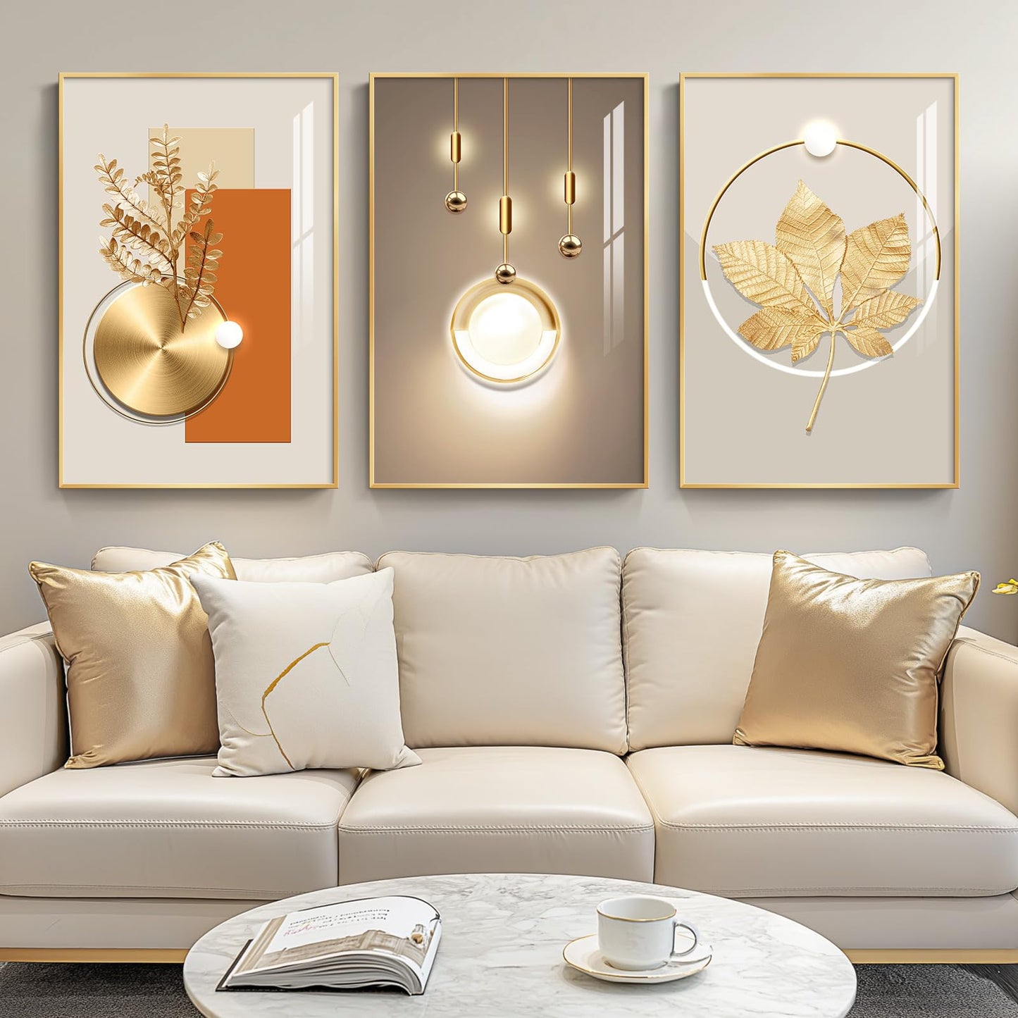 3-Piece 24×36" Gold Geometric Framed Wall Art Luxury Modern Decor for Living Room Office