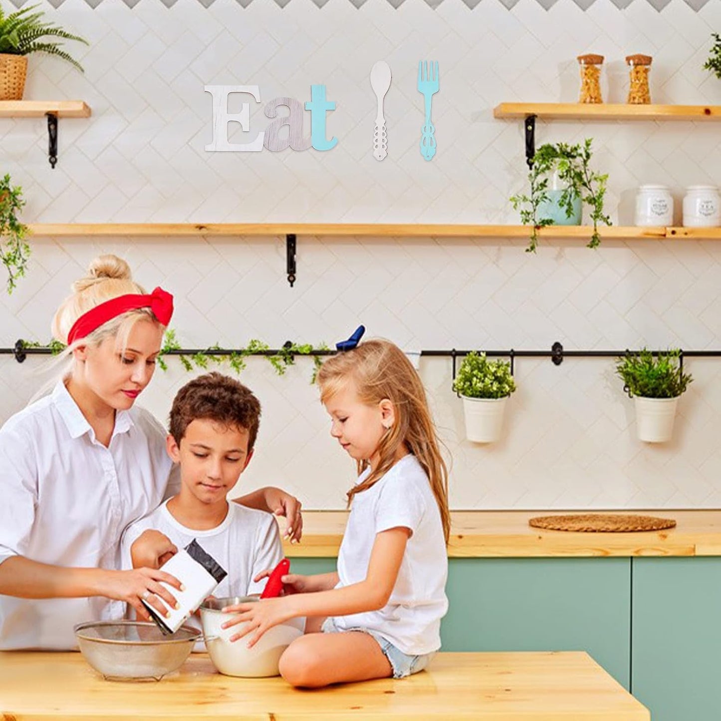 WEBEEDY Set of EAT Sign, Fork and Spoon Wall Decor Rustic Wood Kitchen Decorations Country Wall Art Decorative Hanging Wooden Letters for Home Dining Room Cafe Restaurant