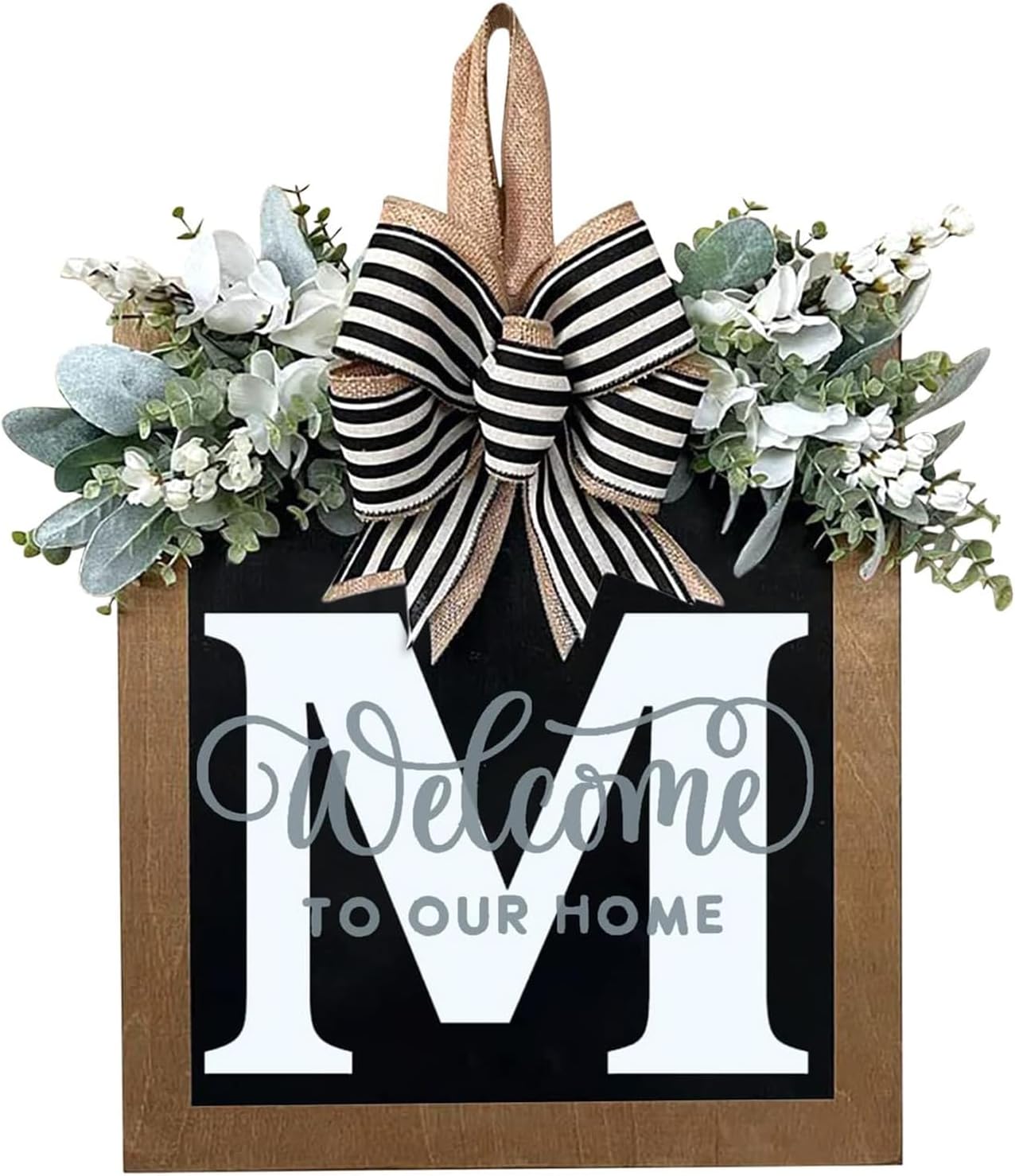 Last Name All Year Round Front Door Wreath with 26 Initial Letter Welcome Sign All Seasons Eucalyptus Garland and Bow ，Farmhouse, Porch, for Spring Summer Fall All Seasons Holiday Halloween Christmas. (M)