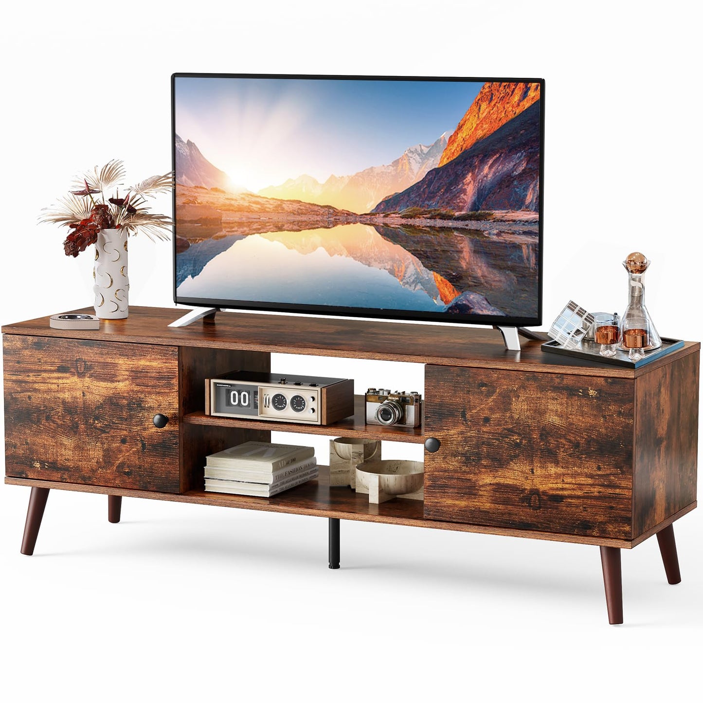 Sweetcrispy TV Stand for 55 60 inch TV, Modern Mid Century Entertainment Center with Storage, Media Console Table 2 Cabinet, Soft Hinge, Handle Door, Wooden Living Room, Office Furniture, Oak