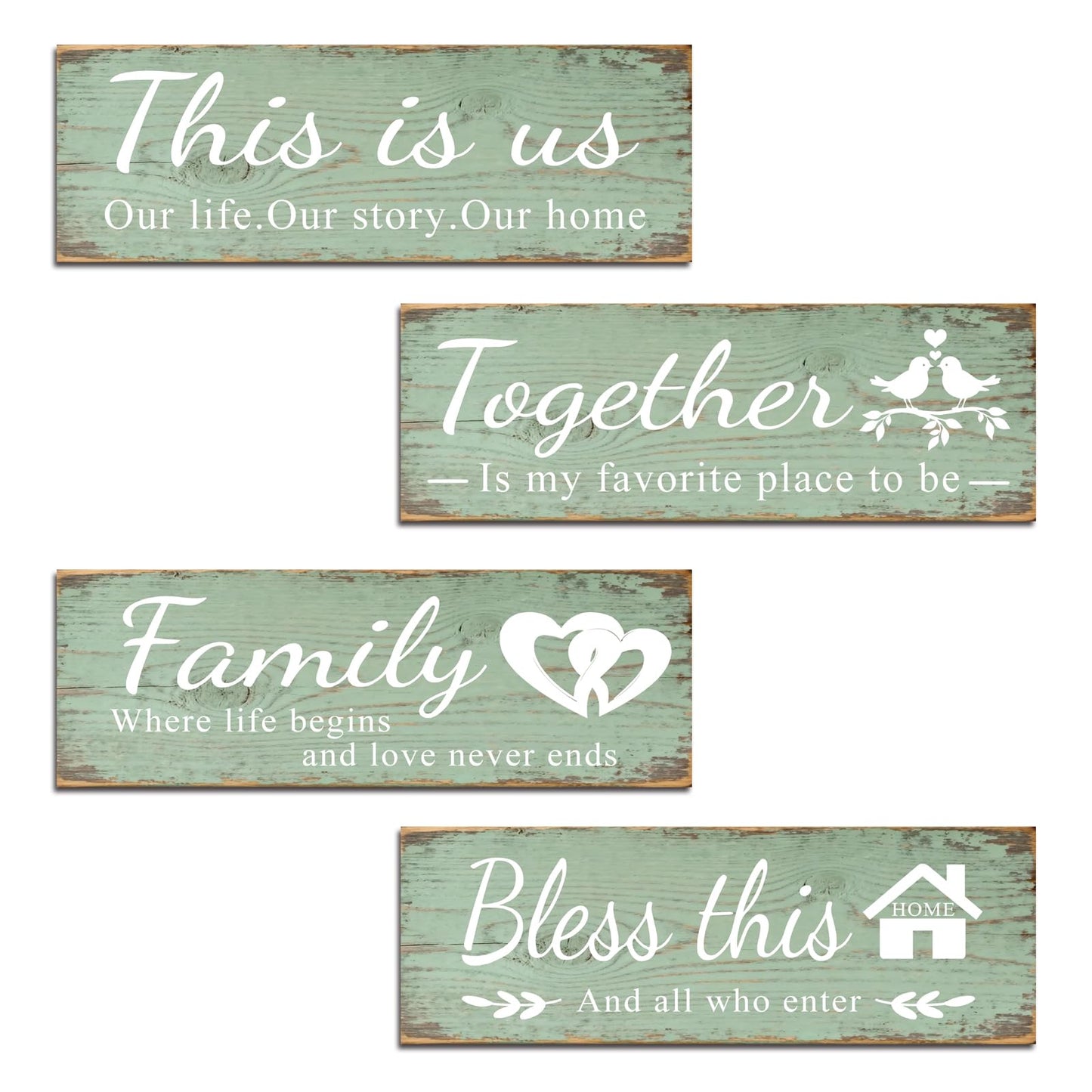 4 pcs home wall decor house decor "THIS IS US/TOGETHER/BLESS THIS HOME/FAMILY", wall decor living room family sign Rustic Wooden Farmhouse Art 13.8x4.72inch