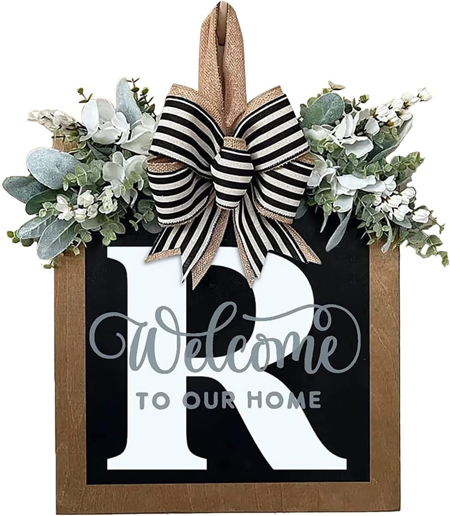 Last Name All Year Round Front Door Wreath with 26 Initial Letter Welcome Sign All Seasons Eucalyptus Garland and Bow ，Farmhouse, Porch, for Spring Summer Fall All Seasons Holiday Halloween Christmas. (M)