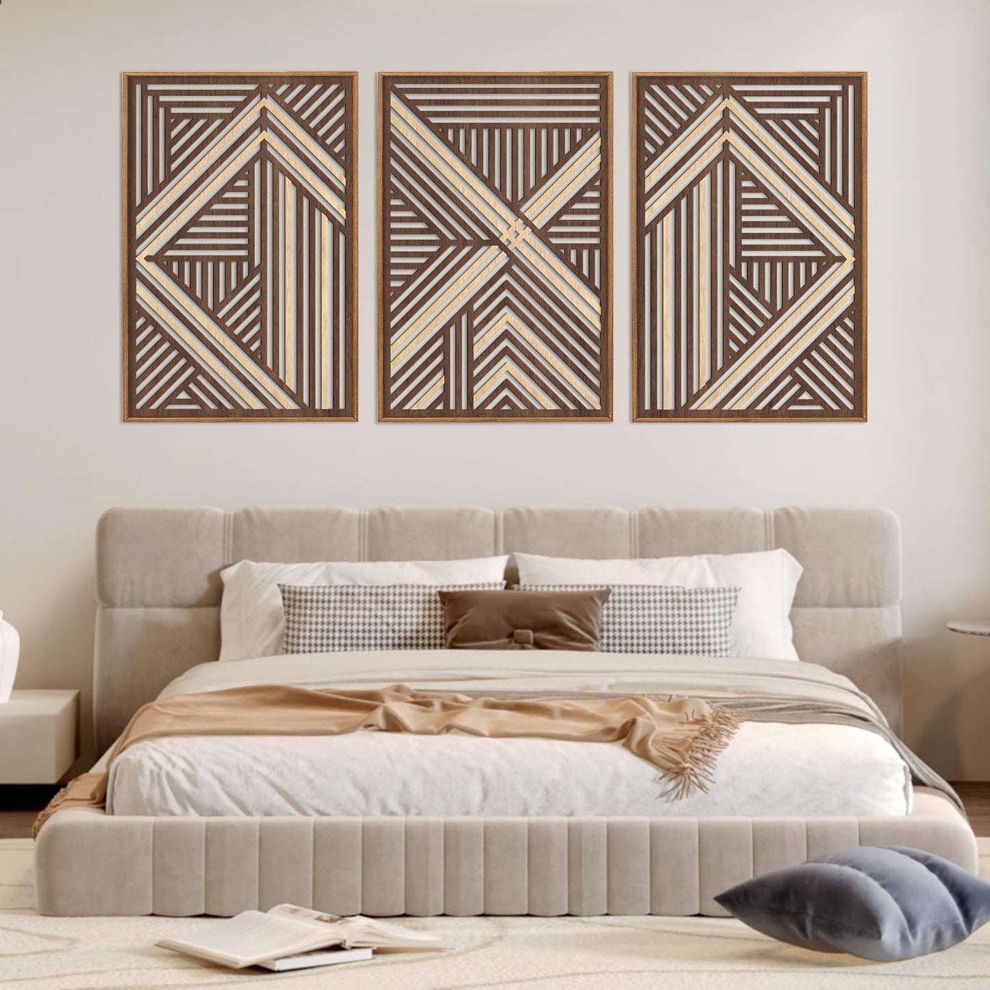 CHDITB Boho Geometric Wood Wall Art(Set of 3, 16"x24"), Large Modern Wooden Panel Hollow Line Art Decor, Rustic Abstract Minimalist Wall Hanging Artwork for Bedroom Living Room Office