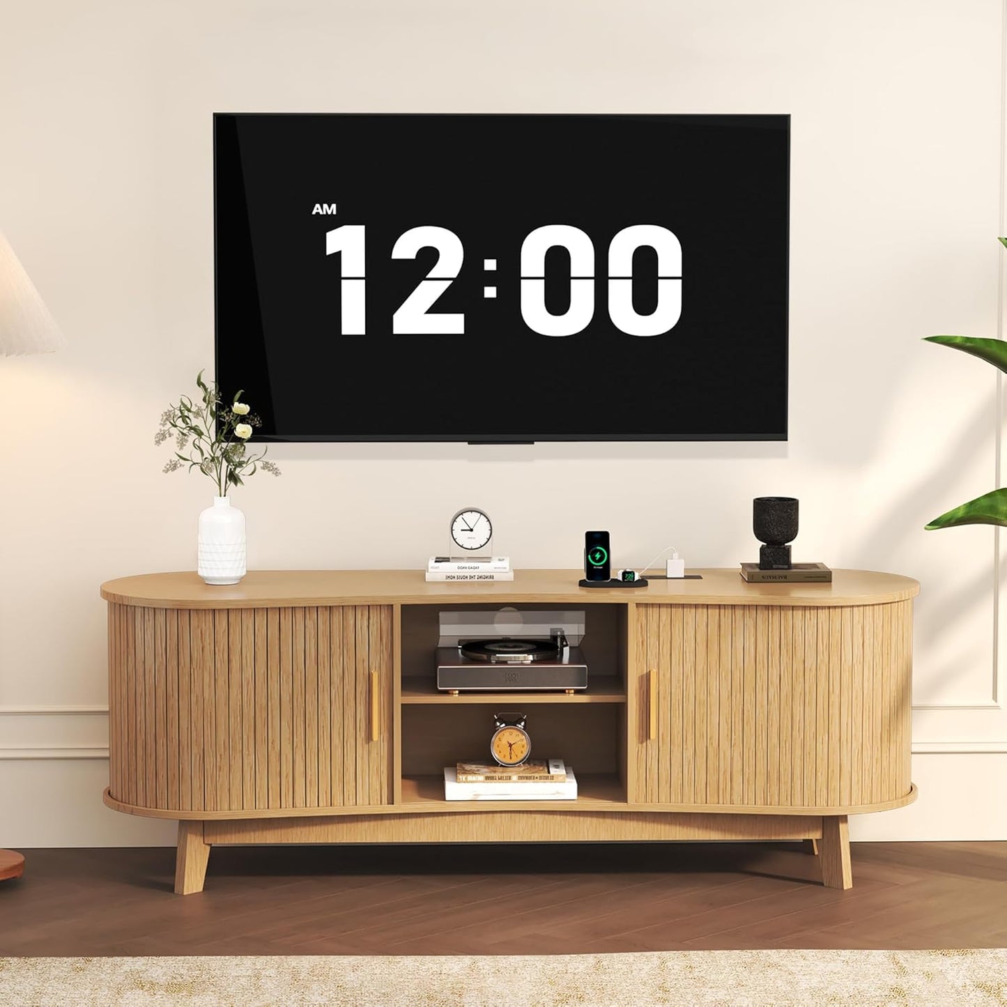 Mid Century Natural Fluted TV Stand with Power Outlet Fits up to 65" TV