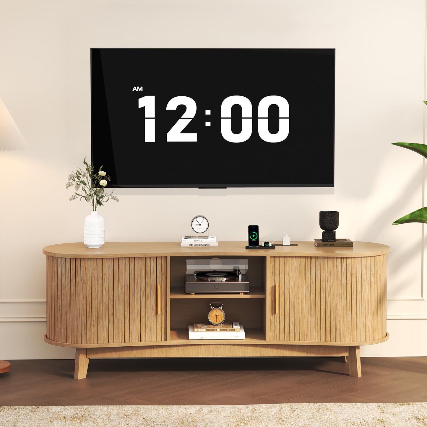 Mid Century Natural Fluted TV Stand with Power Outlet Fits up to 65" TV