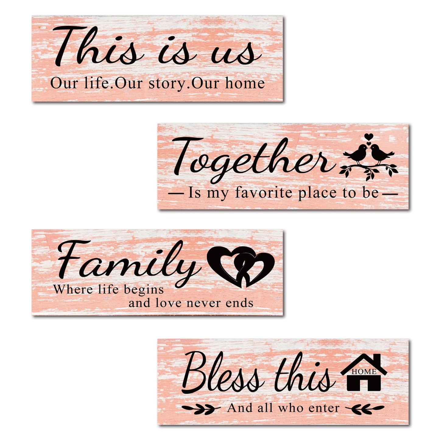 4 pcs home wall decor house decor "THIS IS US/TOGETHER/BLESS THIS HOME/FAMILY", wall decor living room family sign Rustic Wooden Farmhouse Art 13.8x4.72inch