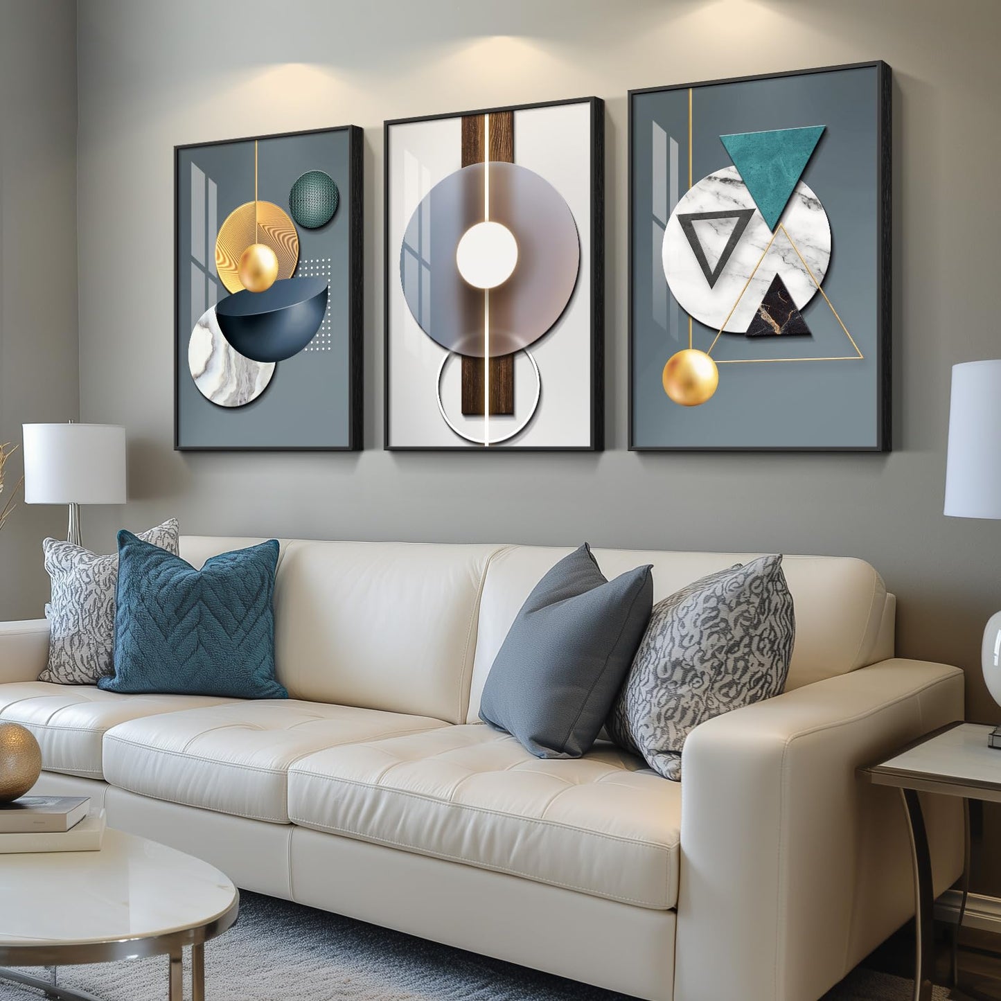 3-Piece 24×36" Gold Geometric Framed Wall Art Luxury Modern Decor for Living Room Office