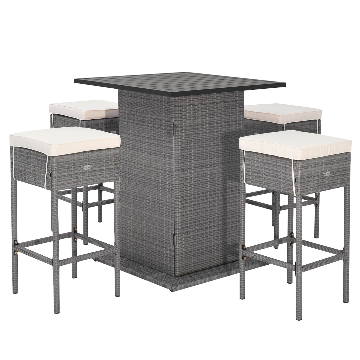 HAPPYGRILL 5 Pieces Rattan Bar Set, Outdoor Wicker Bar Table and 4 Bar Stools, Heavy-Duty Steel Frame, Patio Bar Furniture Set with Cushions, Black