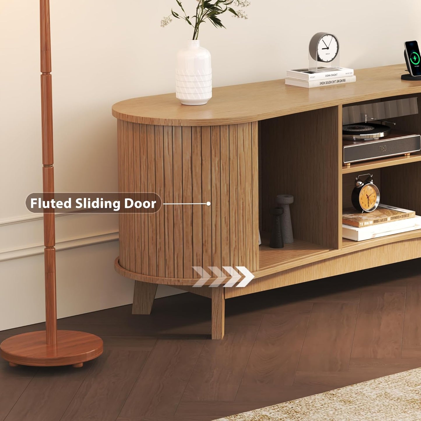 Mid Century Natural Fluted TV Stand with Power Outlet Fits up to 65" TV