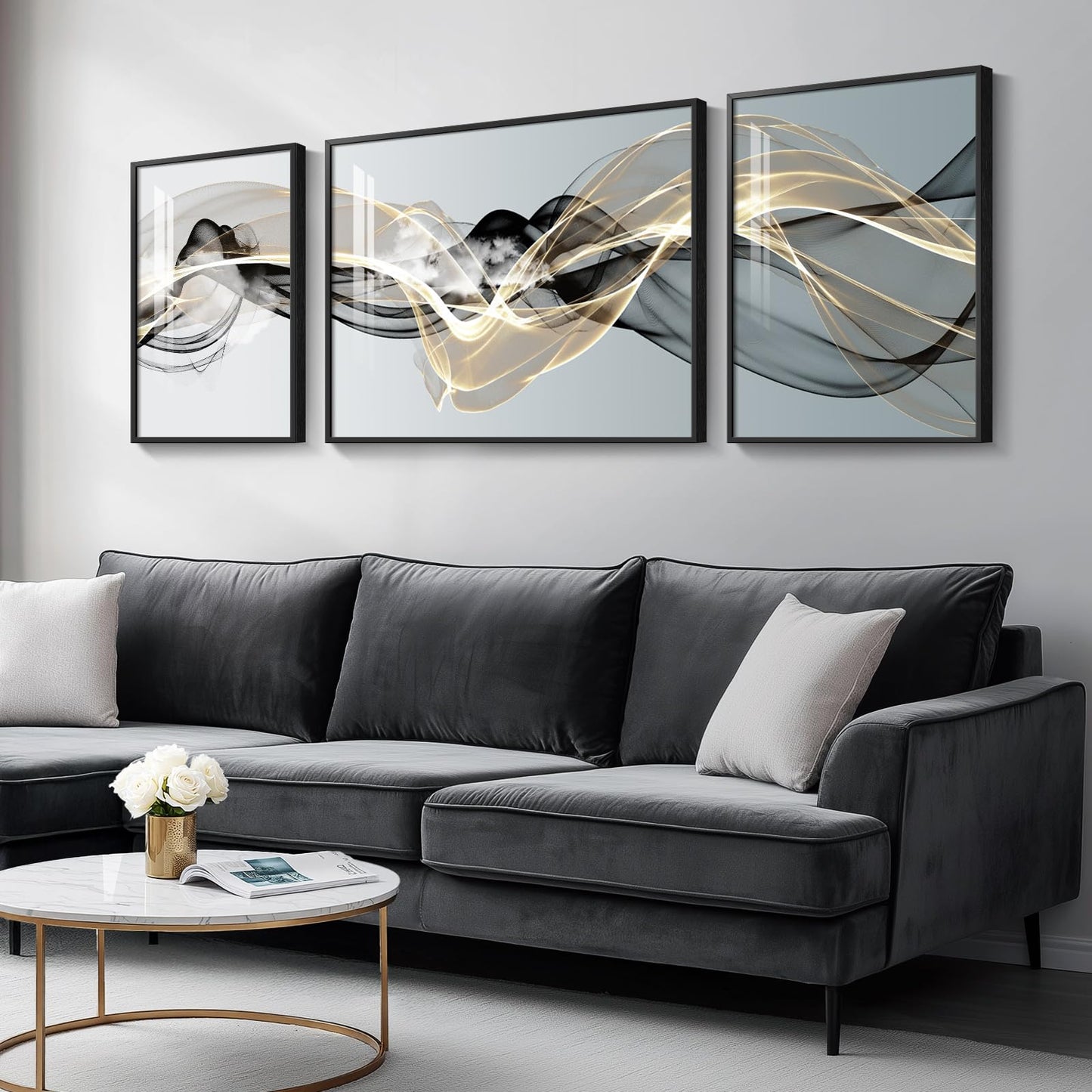 3-Piece 24×36" Gold Geometric Framed Wall Art Luxury Modern Decor for Living Room Office