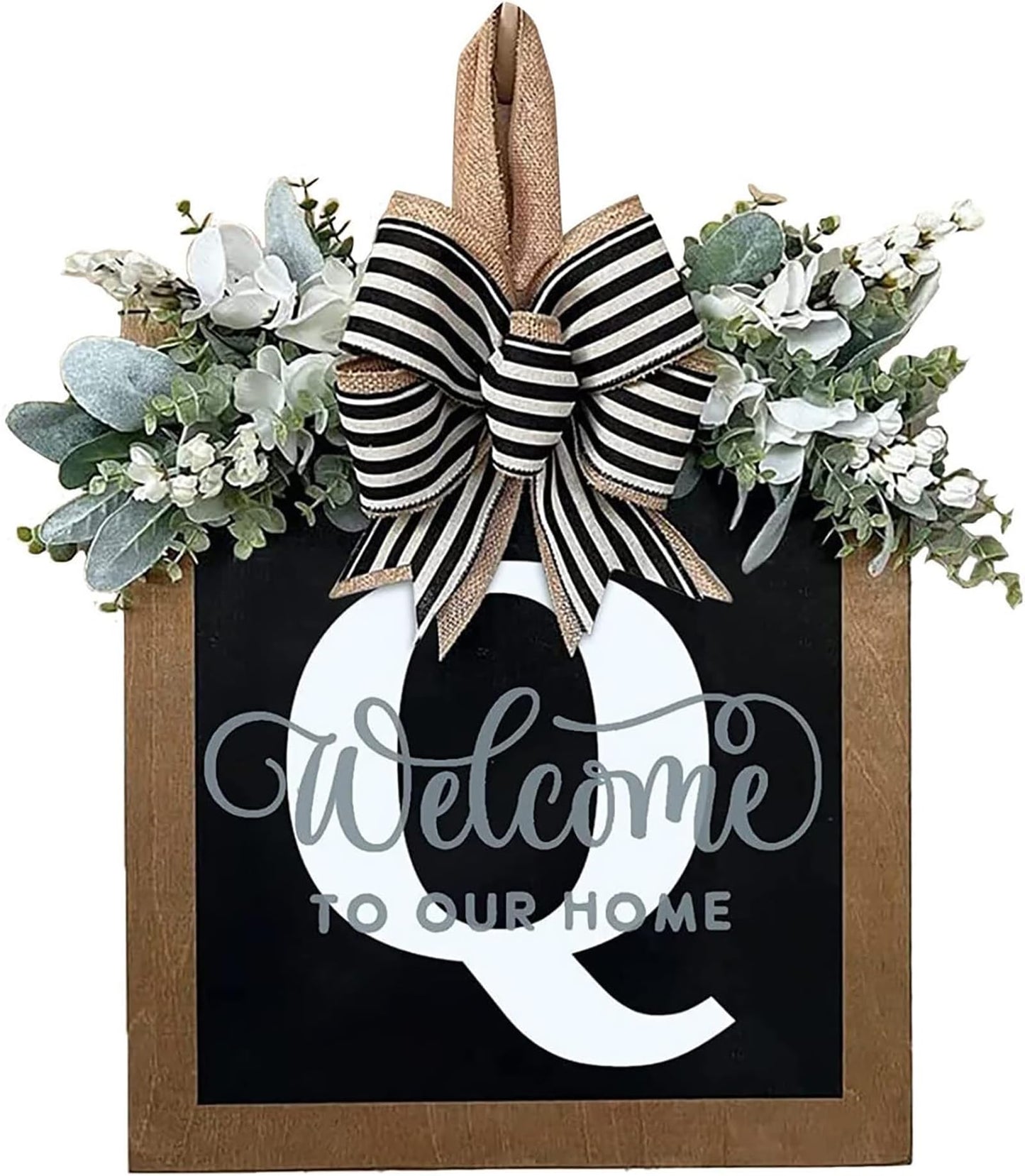 Last Name All Year Round Front Door Wreath with 26 Initial Letter Welcome Sign All Seasons Eucalyptus Garland and Bow ，Farmhouse, Porch, for Spring Summer Fall All Seasons Holiday Halloween Christmas. (M)