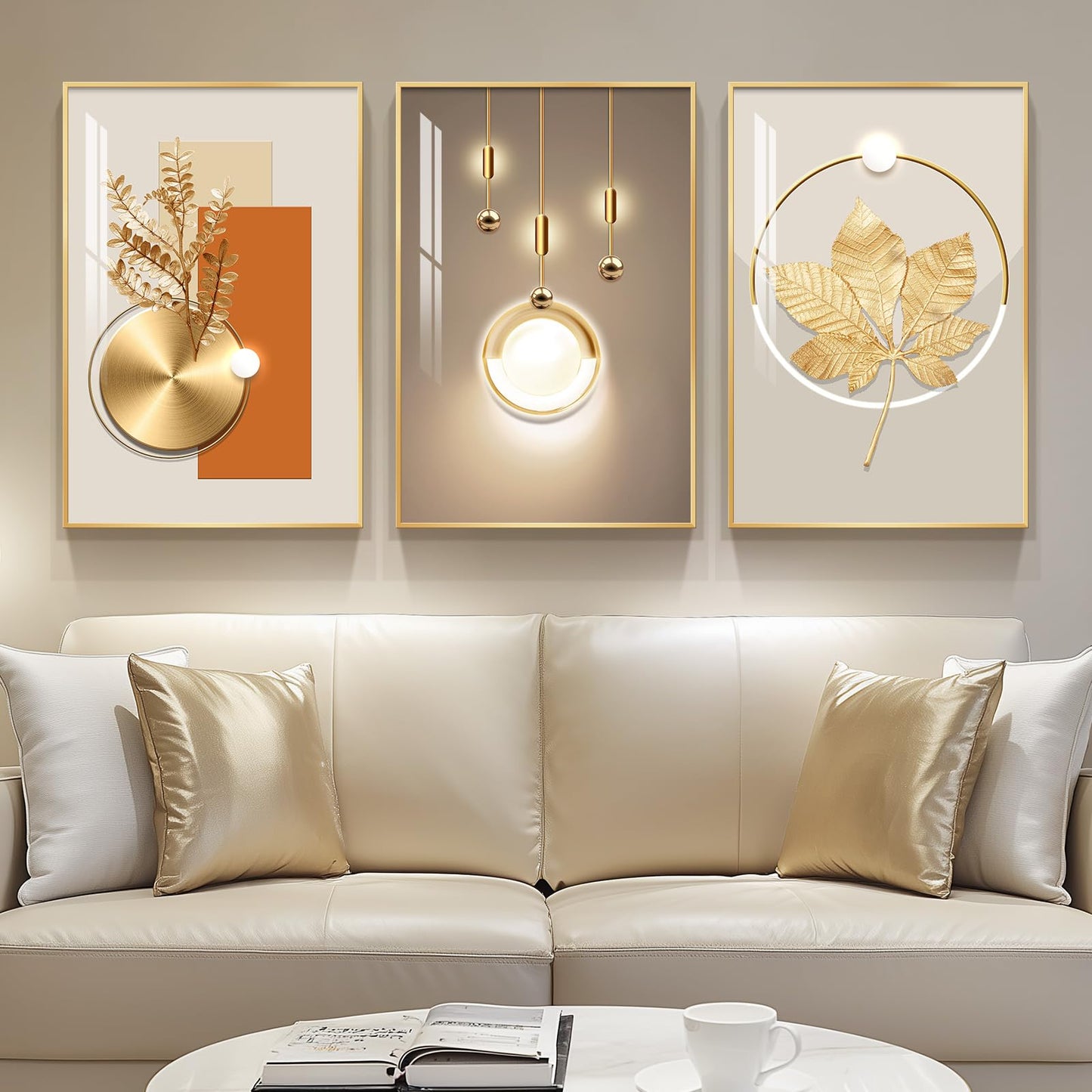 3-Piece 24×36" Gold Geometric Framed Wall Art Luxury Modern Decor for Living Room Office