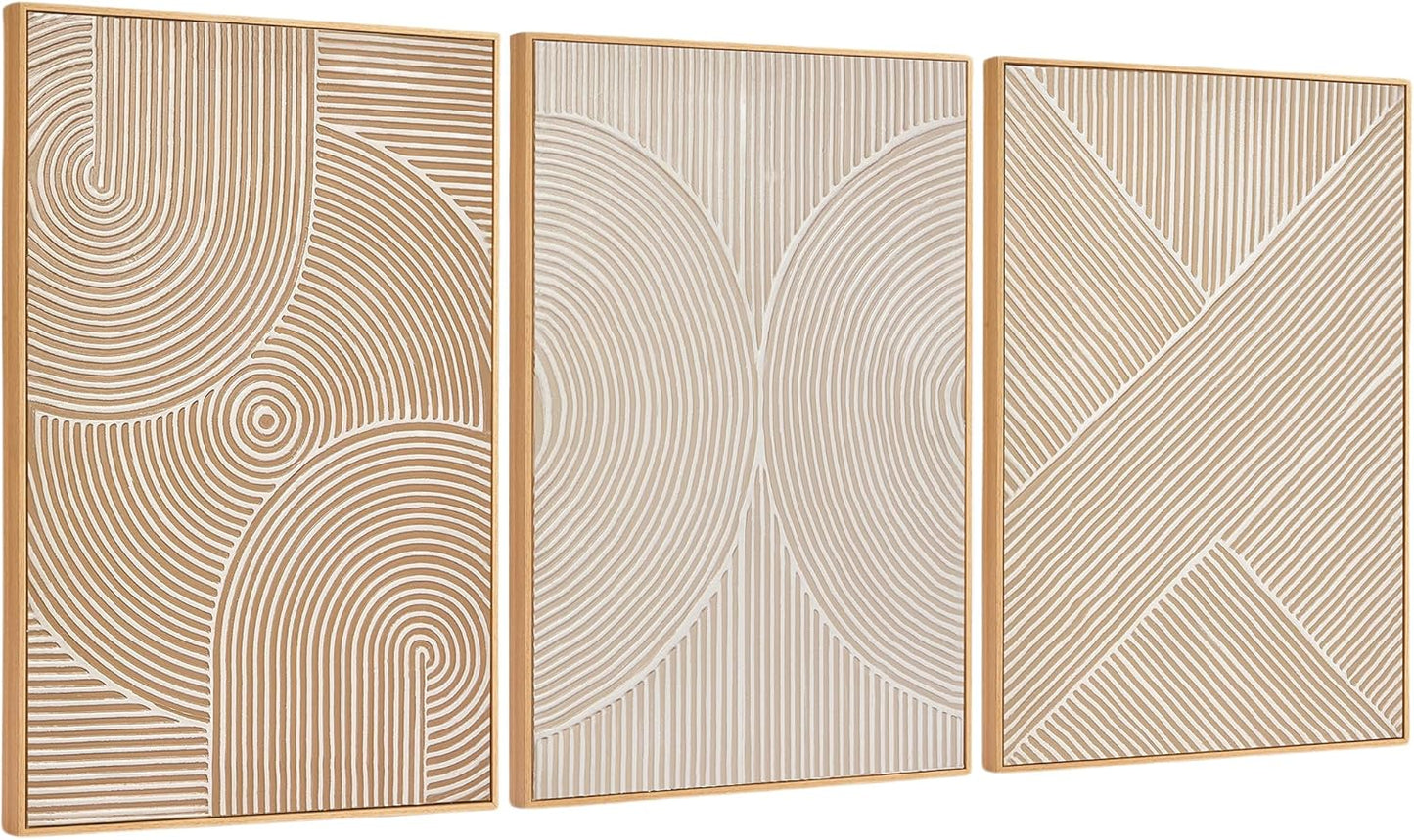 Zessonic Neutral Minimalist Textured 3D Wall Art Abstract Hand-Painted Framed Wall Decor Geometric Artwork Canvas Paintings- Living Room Bedroom Office - Modern Boho Neutral Line 16"x24" 3 piece