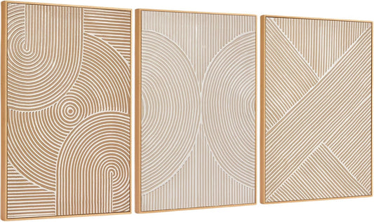 Zessonic Neutral Minimalist Textured 3D Wall Art Abstract Hand-Painted Framed Wall Decor Geometric Artwork Canvas Paintings- Living Room Bedroom Office - Modern Boho Neutral Line 16"x24" 3 piece