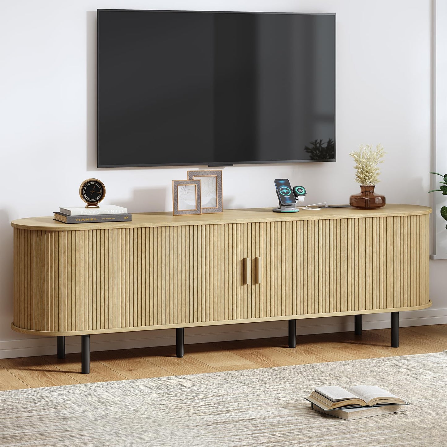 55" TV Stand with Power Outlet, Mid-Century Modern Television Stand, Fluted Media Console with Sliding Doors, Entertainment Center for TVs up to 60 Inch, Adjustable Shelves, Walnut