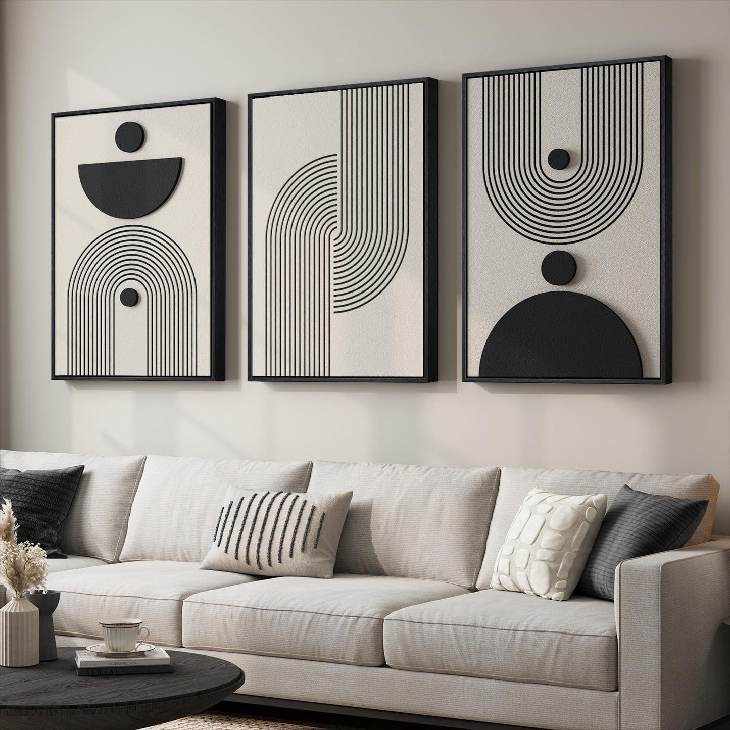 3D Textured Framed Abstract Wall Art, 3 Piece Modern Paintings Artwork for Walls, Black White Brown Geometric Sandstone Texture Pictures for Living Room Dining Room Bedroom Office Wall Decor 16x24 In