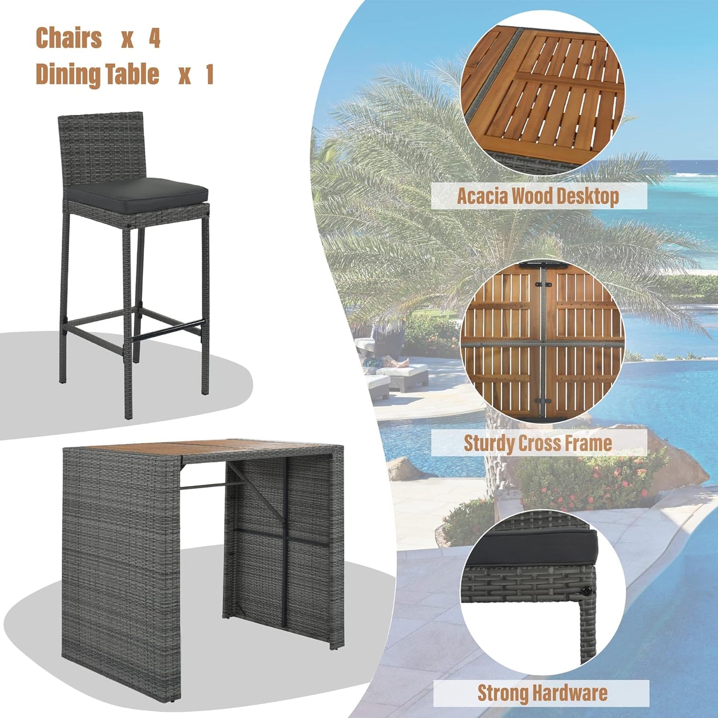 5-Pieces Outdoor Patio Wicker Bar Set, Outside Bar with 4 Chairs Set for Backyard High Top Patio Table and Chairs with Removable Cushion, Acacia Wood Table Top, Non-Slip Feet And Fixed Rope, Grey