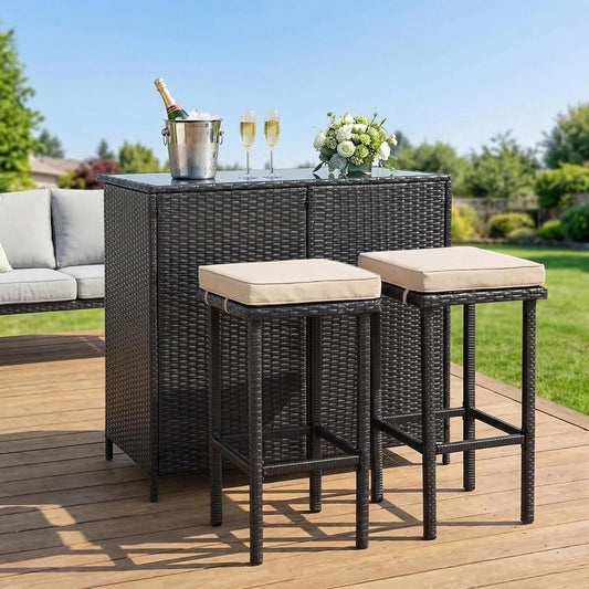 Crownland 3-Piece Wicker Patio Outdoor Bar Set, 2 Stools and 1 Glass Top Table, Bistro Set, Brown Furniture for Deck, Lawn, Backyard