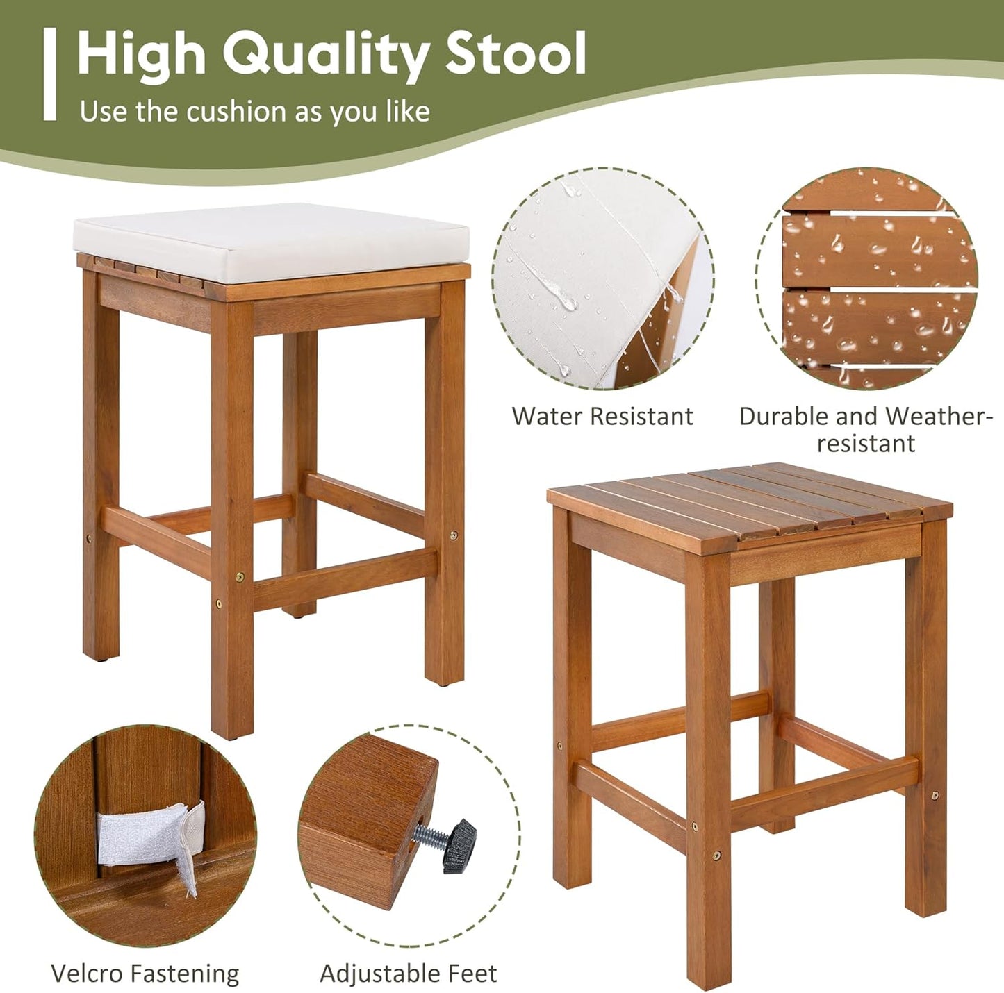 Merax 5 Piece Outdoor Acacia Wood Dining Table Bar Set, Patio Acacia Wood Bar Height Table & 4 Stools with Cushions, Wood Dining Bar Set for Backyard, Poolside, Balcony, Beige Cushion + Natural Wood